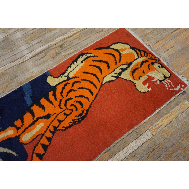 Vintage Chinese Mid Century Modern Tibetan Tiger Design Area Rug