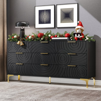 Wave Pattern 9-Drawer Dresser with Gold Handles And Legs 63