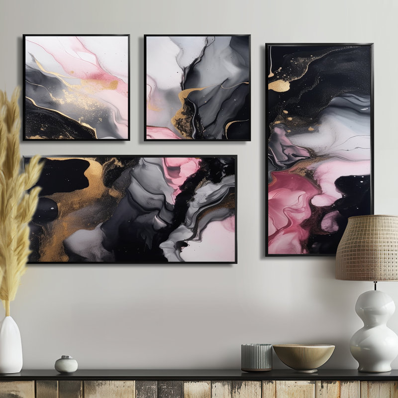 Black Gold Marble Splash II - Art moderne sur toile, 4 pièces, Noir, Impression encadrée sans passe-partout