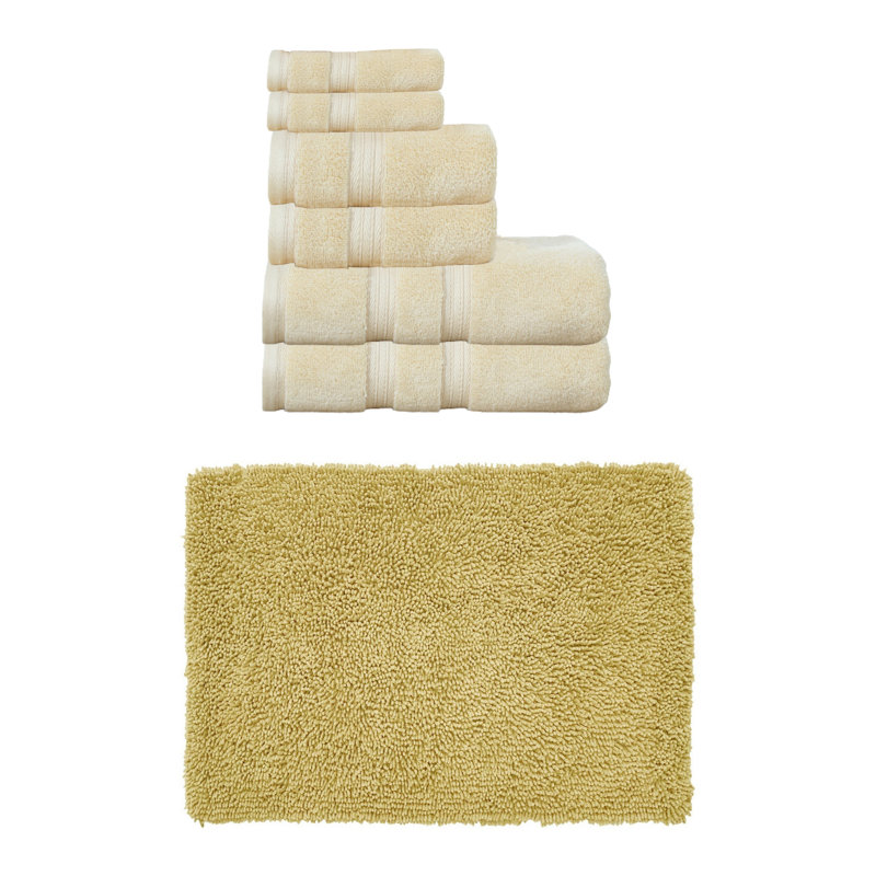Bruno Collection 100% Soft Cotton Bath Towel Set & 21x34" Bath Rug, 7 Piece Towel Set, Yellow
