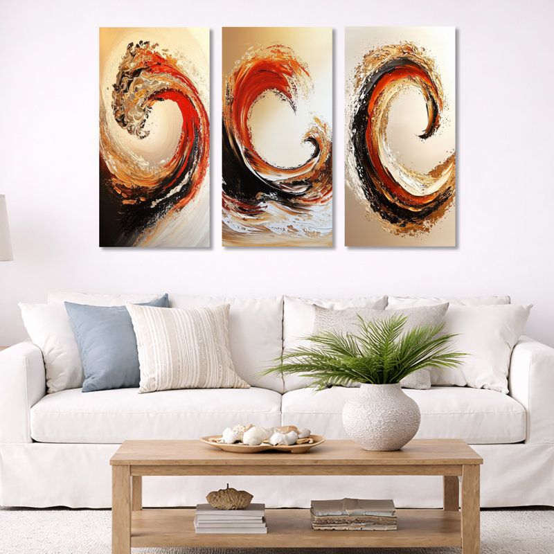 Golden and Red Coastal Waves - Coastal, reproduction d'art sur toile encadrée 3 pièces, H 40 po x l 60 po, Toile tendue