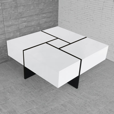 Stylish And Unique 31.5" X 31.5" Square Coffee Table: Uv High-gloss Design Enhances The Texture, Can Be Used As A Cocktail Table, With 4 Hidden Storage Compartments And A Retractable Sliding Tabletop, Suitable For Modern Living Room Scenes