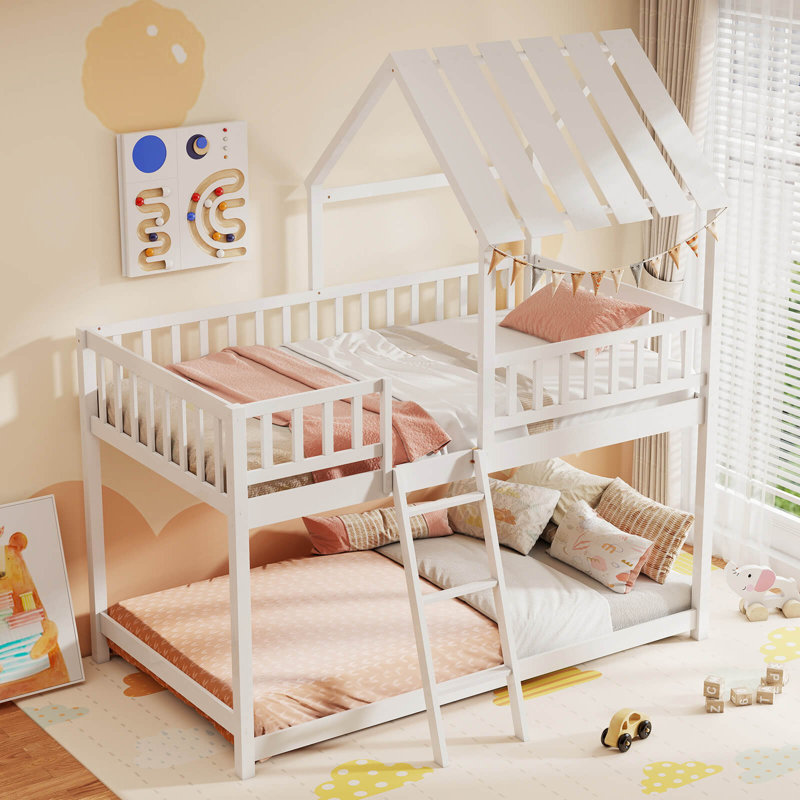 Twin Over Twin House Bunk Bed with Roof, Ladder & Full-length Guardrails for Kids Natural, White