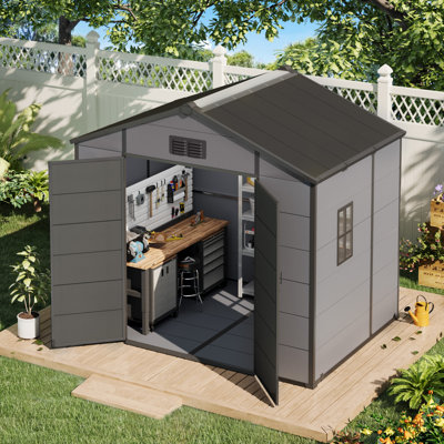 8X6 FT Outdoor Storage Shed, Weather-Resistant Shed With Lockable Double Doors & Built-In Floor, Sloped Roof Outdoor Shed For Backyard, Patio & Lawn, Gray