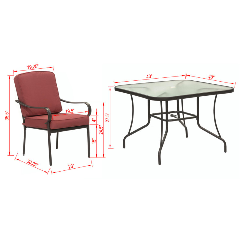 Ensemble de salle à manger carré pour 4 personnes 40 "de long avec coussins Square, Rouge