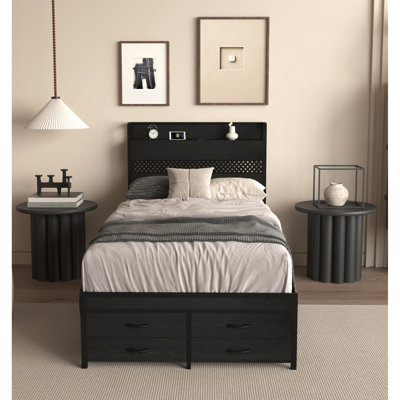 Twin Bed Frames with Headboard, Twin Size Bed Frames with Storage Drawers, Twin Bed, Black Metal Platform Bed Frame, Single Bed Frame, No Box Spring Needed