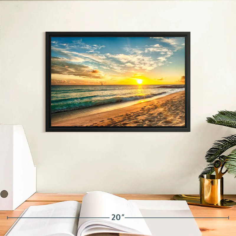 Senne de la Barbade, coucher de soleil, Cadre flottant noir, 13 po x 9 po