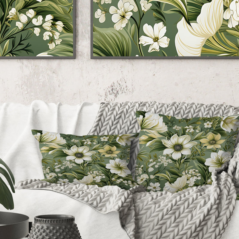 Green Floral Flourishes Elegance I - Floral Printed Throw Pillow, 18" H x 18" W