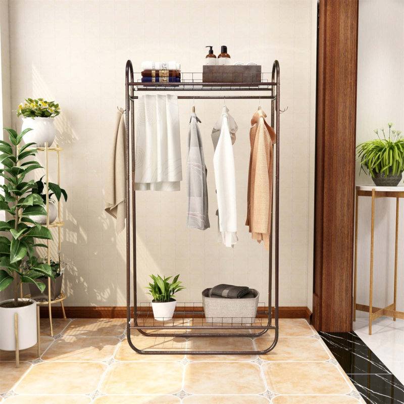 Portant à vêtements robuste en métal avec deux tablettes, portable et durable pour organiser les vêtements