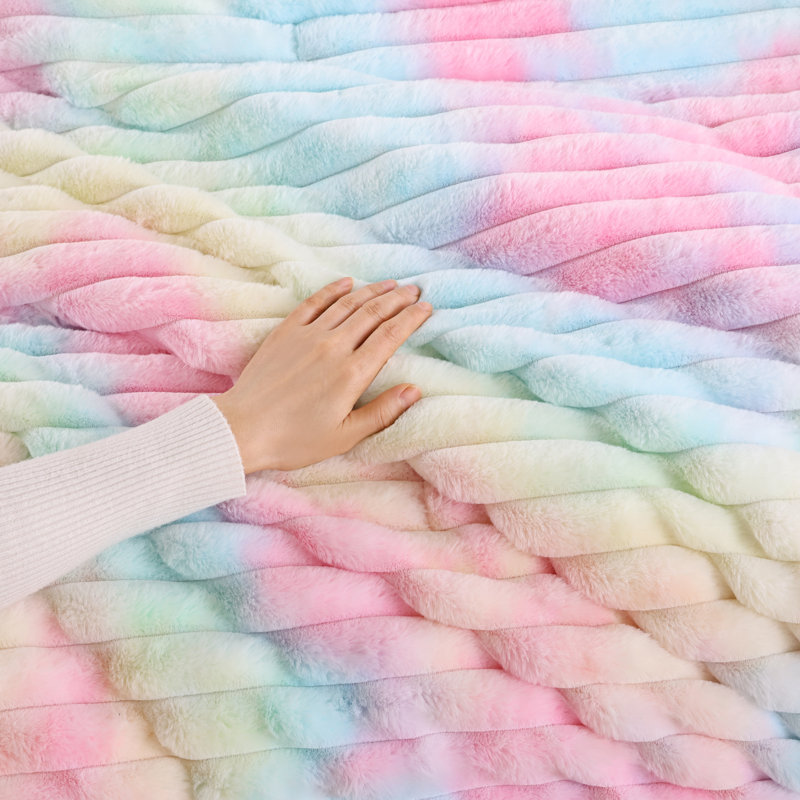 Fluffy Comforter Set 2 Pieces- All Seasons Heavy Faux Fur Comforter With One Pillowcase, Rainbow