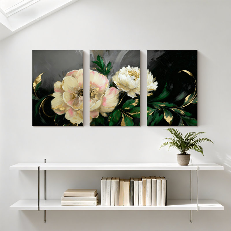 Ensemble de 3 impressions sur pivoines avec accents dorés sur fond foncé, H 18 po x l 36 po