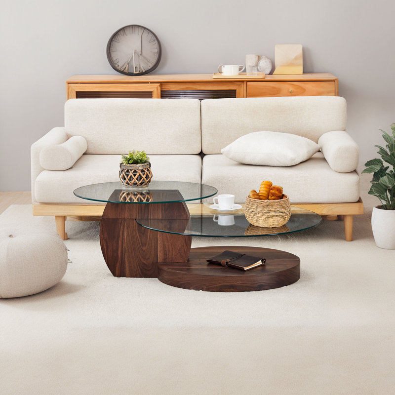 Double Clear Glass Oval Single Coffee Table, Brown