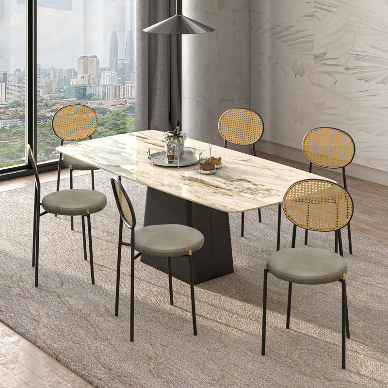 Cordera Velvet Dining Side Chair with Rattan Back and Black Metal Legs for Kitchen or Dining Room, Taupe