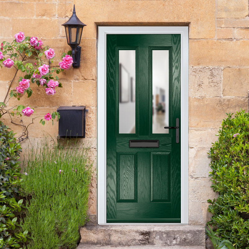 Crystal GRP Front door Carnoustie Black 920mm x 2090mm Open in Right hand Clear Glass, 89mm x 209mm, Green, Left