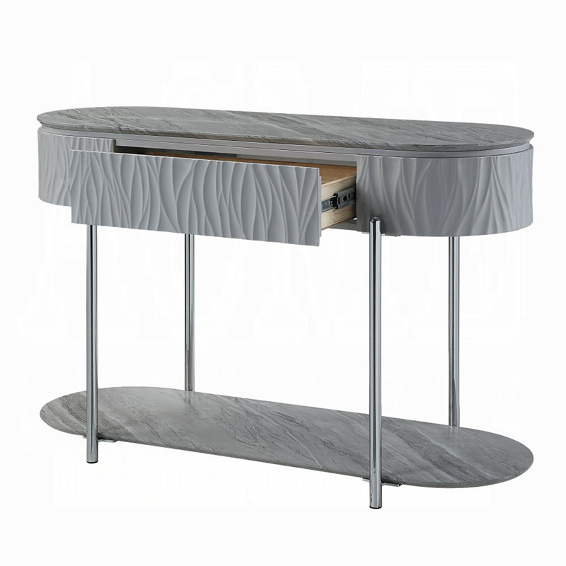 Table de canapé grise très brillante et chromée avec tablette inférieure