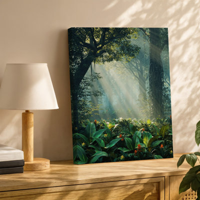 Toile, scène de marais tropicale vibrante baignée de soleil doré doux filtrant à travers une toile dense de feuilles vertes luxuriantes