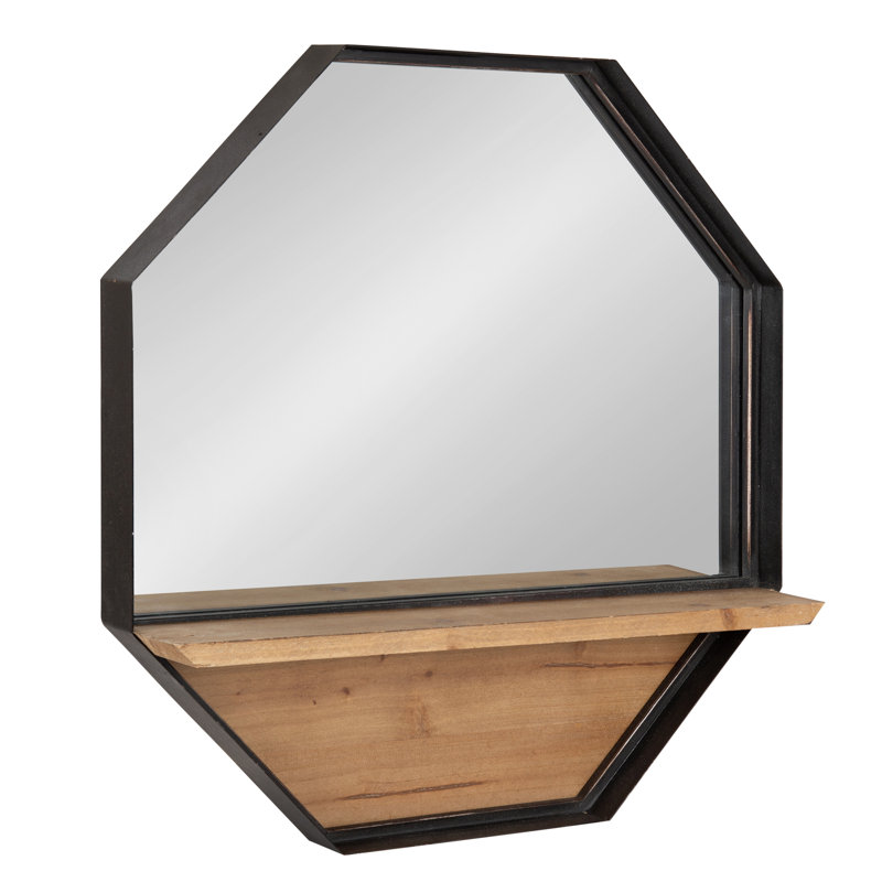 Stingley Metal Flat Mirror with Shelves, Black/Brown