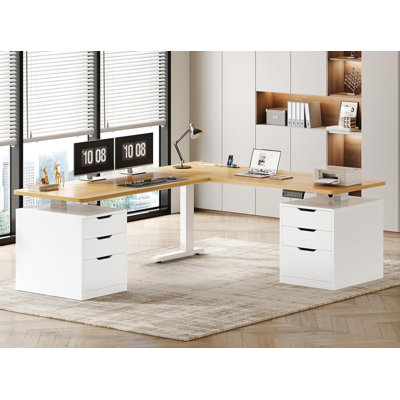  Bureau debout électrique à 6 tiroirs 66,9 "x 57,1" blanc + chêne