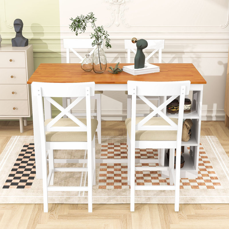 Sobhi Farmhouse Dining Table Set with 3-Tier Storage Shelves and 4 Upholstered Dining Chairs, Beige/White, White, Brown