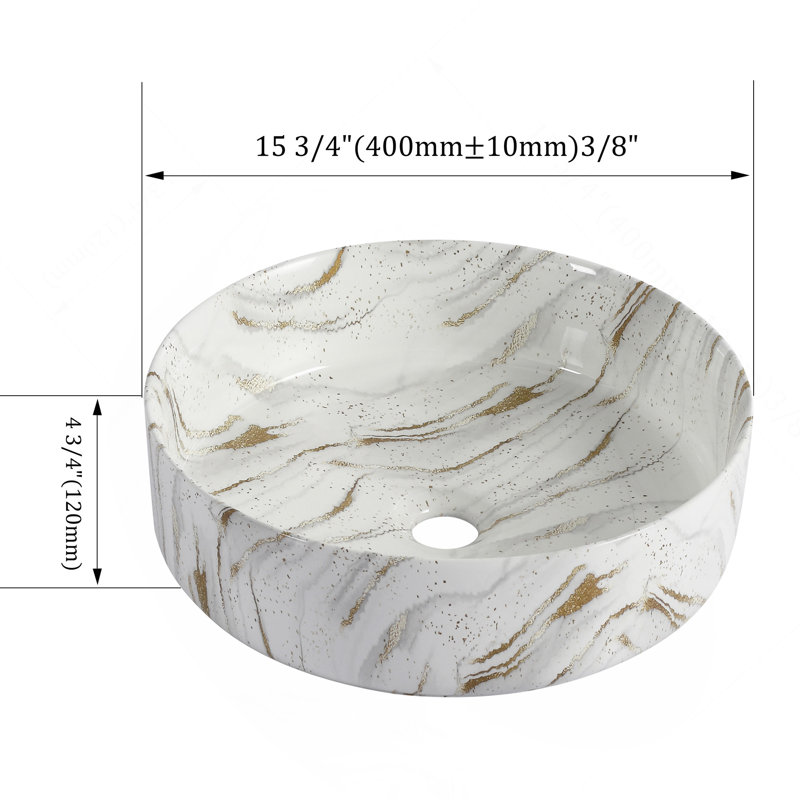 Ceramic Round Above Counter Bathroom Sink Art Basin, White Background With Golden Lines, White