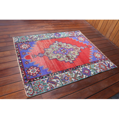 Handwoven Red Anatolian Design Turkish Wool Rug for Living Room in Small Size with Bohemian Decor