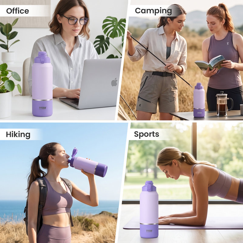TYESO 40oz Insulated Water Bottle, Keep Cold 24H, Leak-Proof, Fits in Car Cup Holder, Stainless Steel Water Bottle for Sports, Travel, and School (Purple)