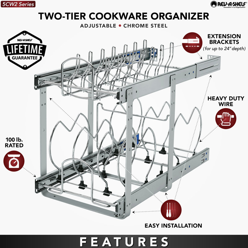 Chrome 2-Tier Pullout Cabinet Organizer for Pots and Pans