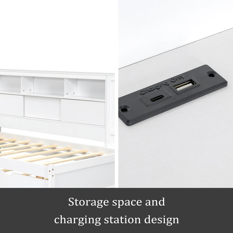 Lit de jour simple en bois avec tablettes de rangement, USB et lit gigogne, Blanc