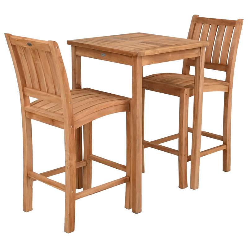 Teak Wood Bar Set Including Square Bistro Bar Table And Abacho Barstools, 43" H x 27" L x 27" W, 2