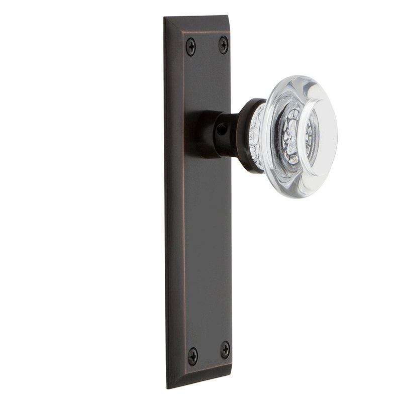 New York Plate with Round Clear Crystal Door Knob, 2-3/4”, Timeless Bronze