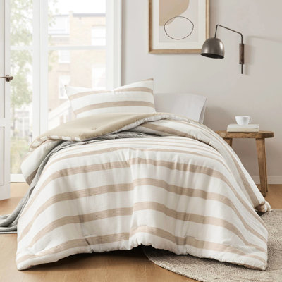 2 literie rayée simple / simple de très grande taille, rayures, style côtier moderne, look subtil en seersucker, toutes couches, dossier en microfibre lisse, facile d'entretien, taupe