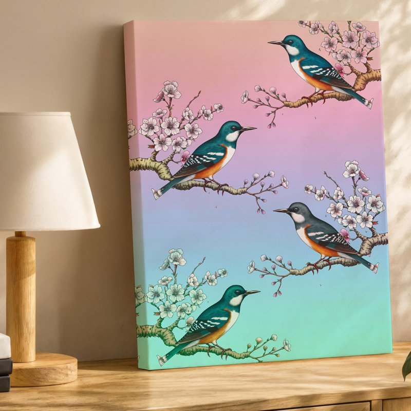 Toile, conception de papier peint serein et fantaisiste mettant en vedette trois oiseaux au mur illustrés, H 14 po x l 11 po