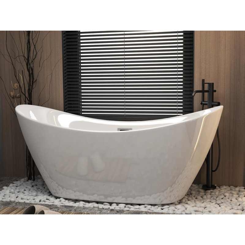 67 - Inch Gloss White Acrylic Tub, Freestanding, Oval, Center Drain, Contemporary Style, Spacious And Comfortable, Efficient Drainage For Bathroom Use Freestanding Soaking Inches, Oval Shape,