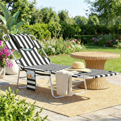 Adjustable Outdoor Sunbathing Chair, Dark Blue Foldable Beach Lounge Chair With 5-position Reclining Backrest, Face Cavity & Arm Slots, Side Pocket, Carry Strap, 264 Lbs Capacity