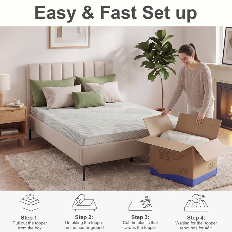 4 Inch Queen Size Memory Foam Mattress Topper, with Removable Zippered Cover Skin-Friendly Fabric Non-Slip Base & Machine Washable Compressed Packing