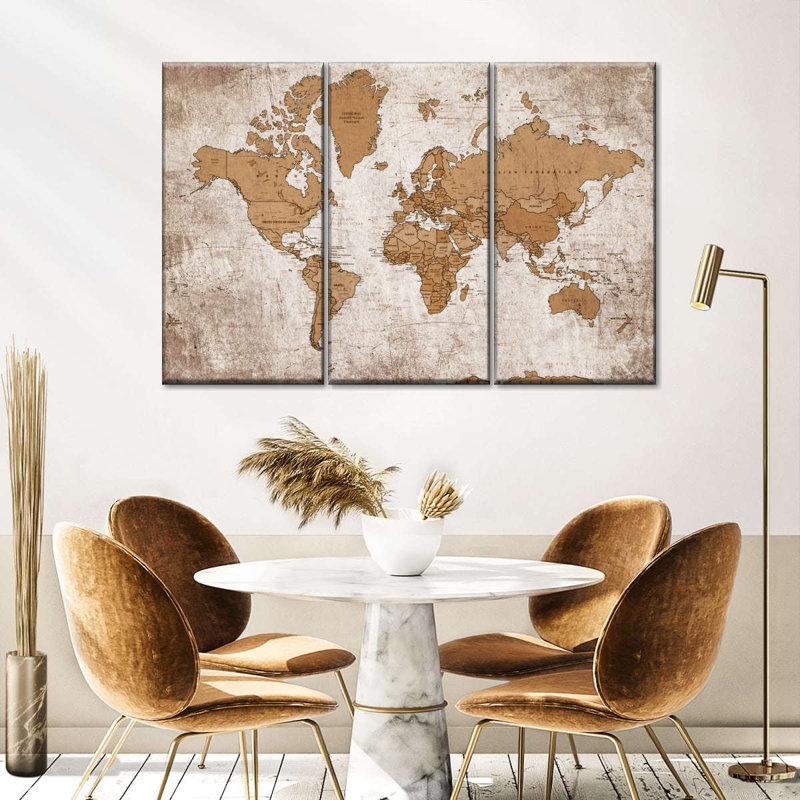 " Geographic World Map IV Multi Piece Canvas Print " by Tess P 3 - Pieces, 36" H x 57" W x 1.25" D
