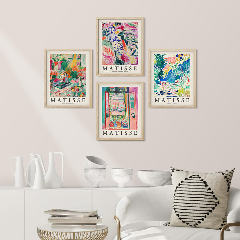 Matisse abstraite botanique encadrée sur papier, impression de 4 pièces, Naturel, H 14 po x l 11 po