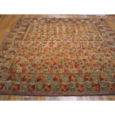 Square Room Size Antique 19th Century Ivory American Folk Art Leaf Pattern Hooked Rug