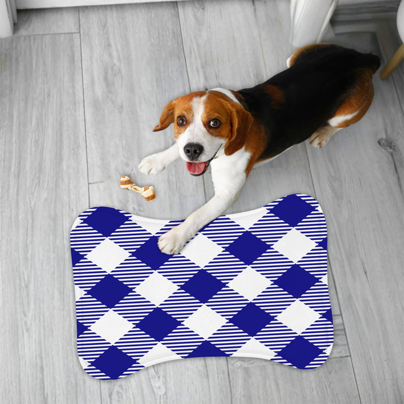 Navy Check Plaid - 1 Piece Bone Shape Feeding Mat