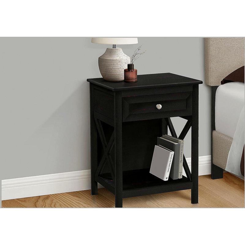 Accent Table, End, Side Table, 2 Tier, Bedroom, Nightstand, Lamp, Storage Drawer, Black Veneer, Transitional, Black