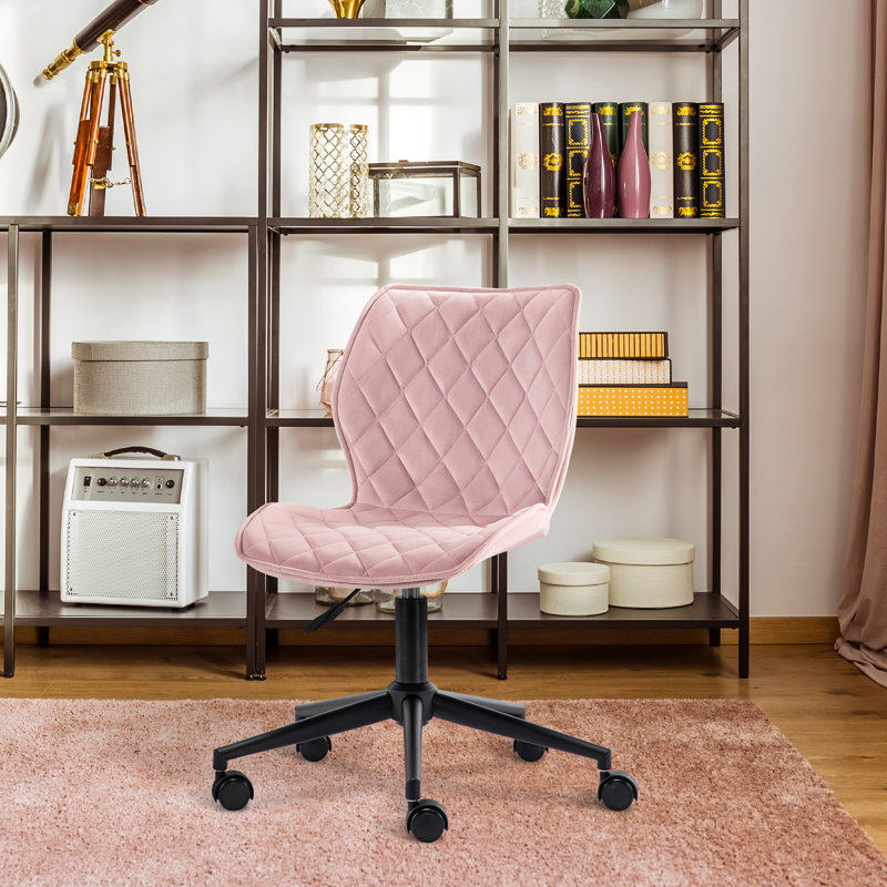 Alberson Armless Velvet Upholstered Ergonomic Task Chair Adjustable Height Swivel Casters, Salmon Pink , Black