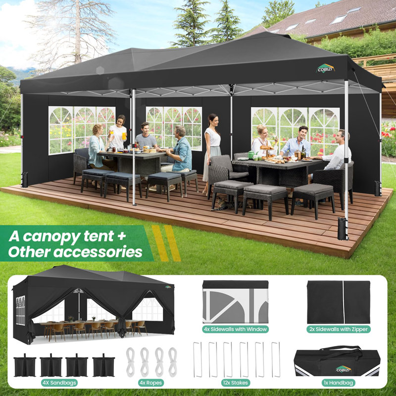 Auvent 10 x 20 avec auvent et 6 parois latérales, Black