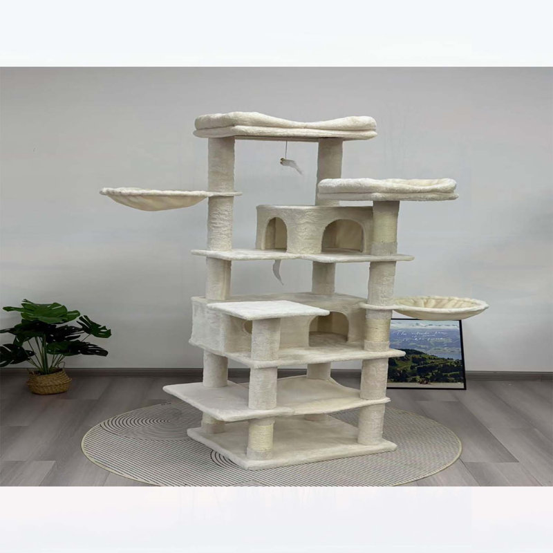 Arbre à chat de 68 po de hauteur à plusieurs niveaux avec hamacs, panier suspendu, grotte pour chat, coussin amovible, poteaux à griffer - tour de chat en peluche pour chats d'intérieur, parfait pour plusieurs chats - beige