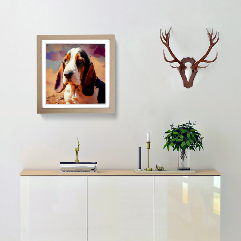 Basset Hound Neo-Impressionism - Framed Print, Oak