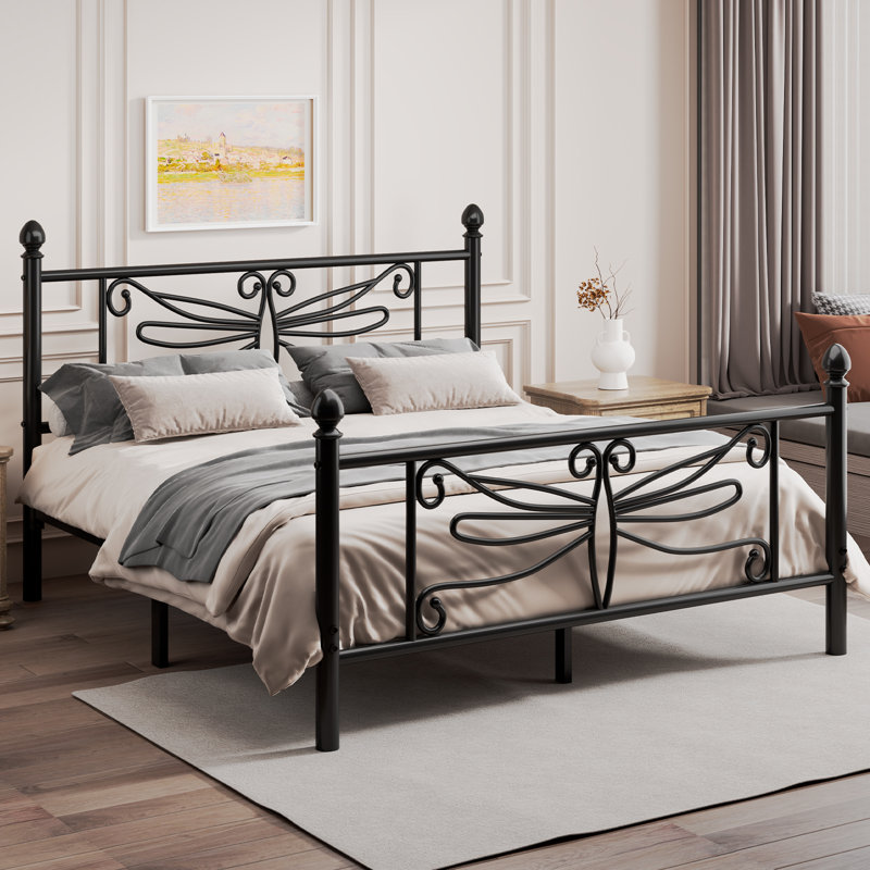 Full Elegant Metal Platform Bed with Dragonfly Headboard and Footboard, Sturdy and Stable Structure & Under-bed Storage, Easy Assembly, Black