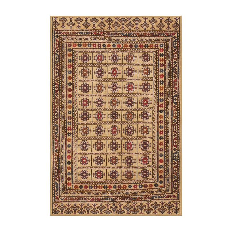 Laine tissée à la machine de style oriental/polyester beige/vert/rouge Tapis décoratif Henrika, Rectangle 4 pi x 6 pi