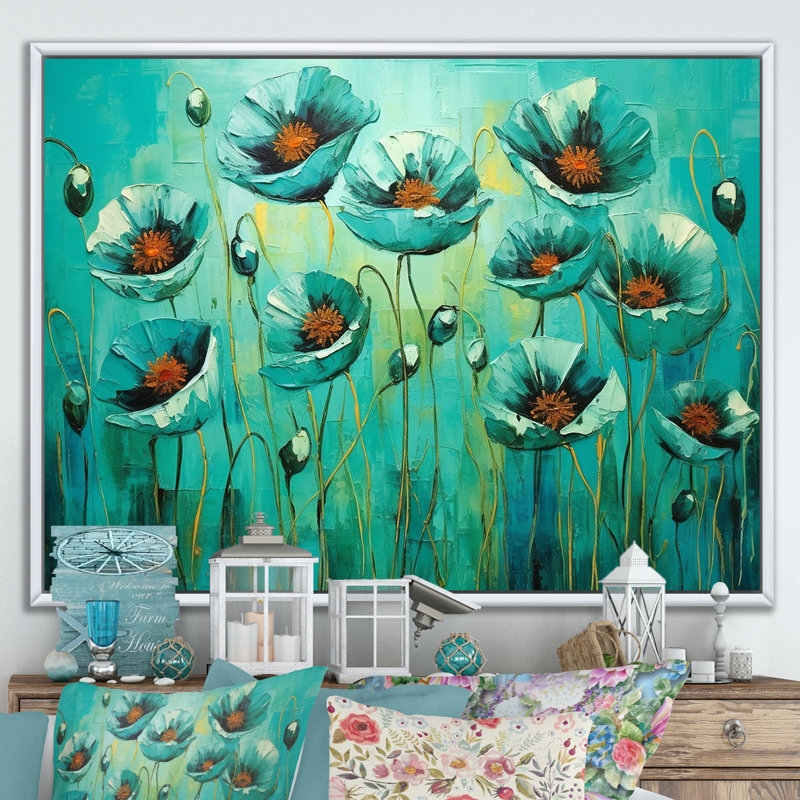 Emerald Elegance Poppies In The Breeze I, Gold Picture Framed, 24" H x 32" W
