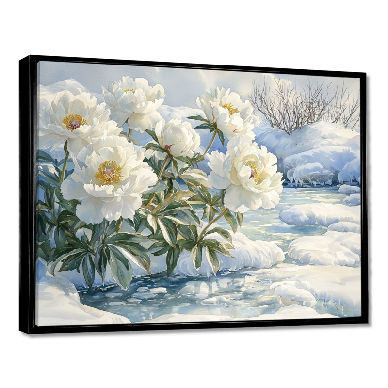 Hiver, pivoines par la glace, rivière couverte III - pivoines, art mural, Noir, noir, noir, noir, H 12 po x l 20 po