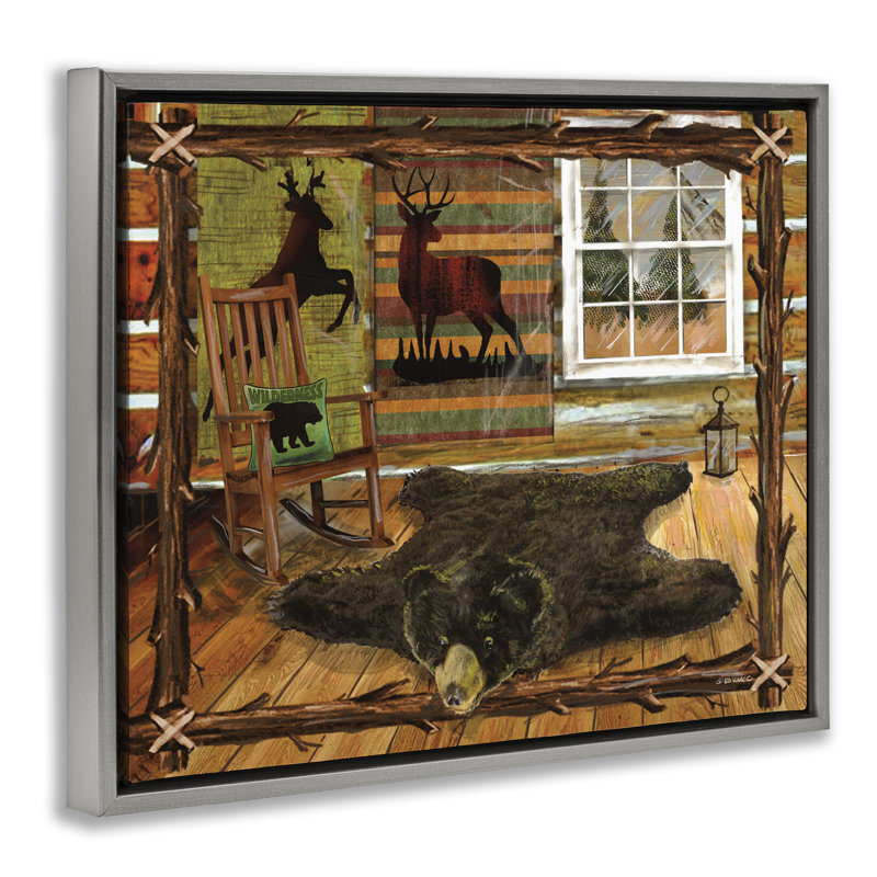 «Rustic Cabin with Border», encadrée par Ed Wargo, H 17 po x l 21 po, Cadre flottant gris lustré