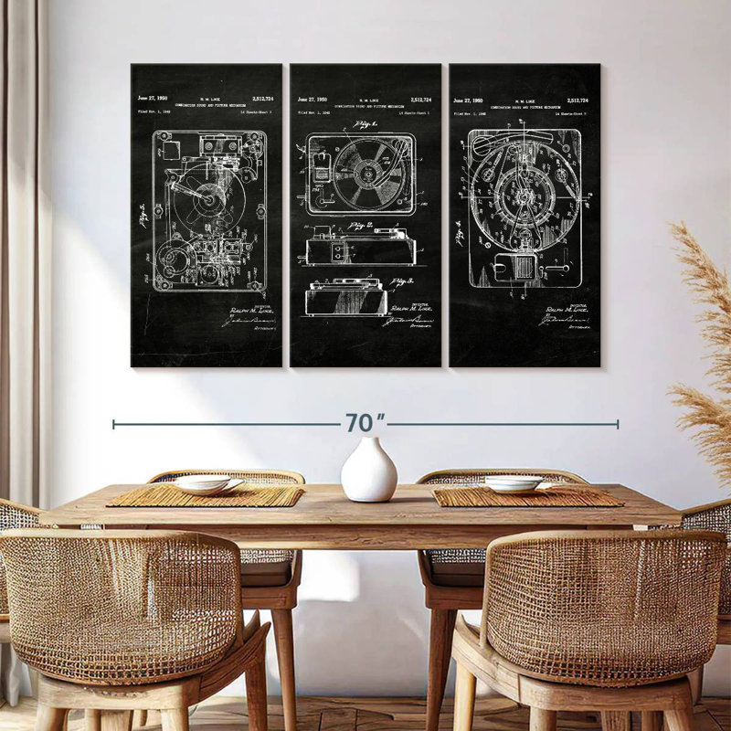 Ensemble de 3 pièces de son et image combinées brevet sur toile, H 42 po x l 65 po x P 1,25 po